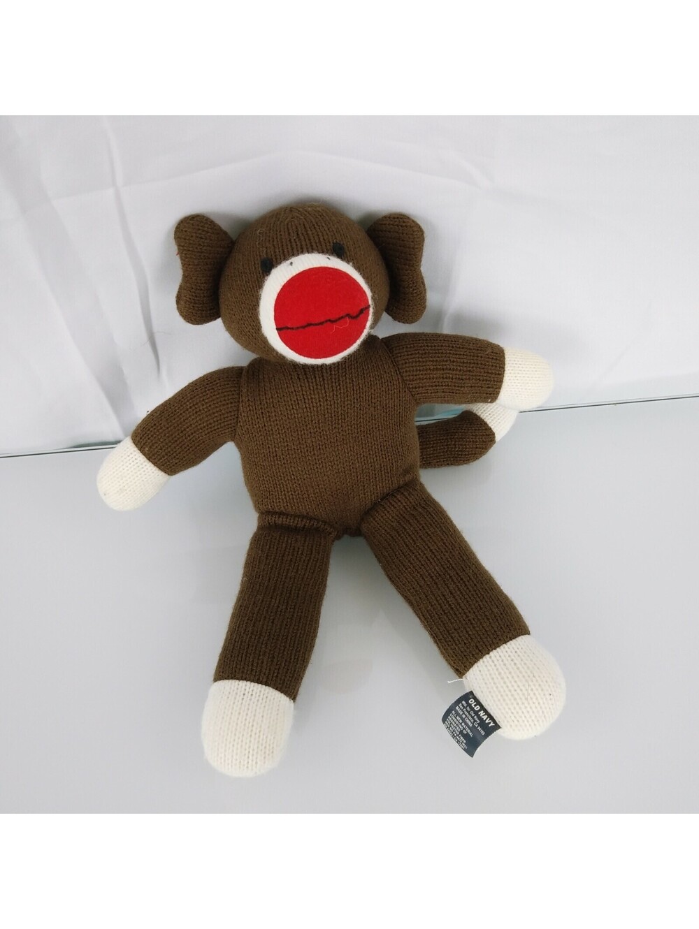 2004 Old Navy Dark Brown Stuffed Plush Sock Monkey Red Nose Cream Feet 12"
